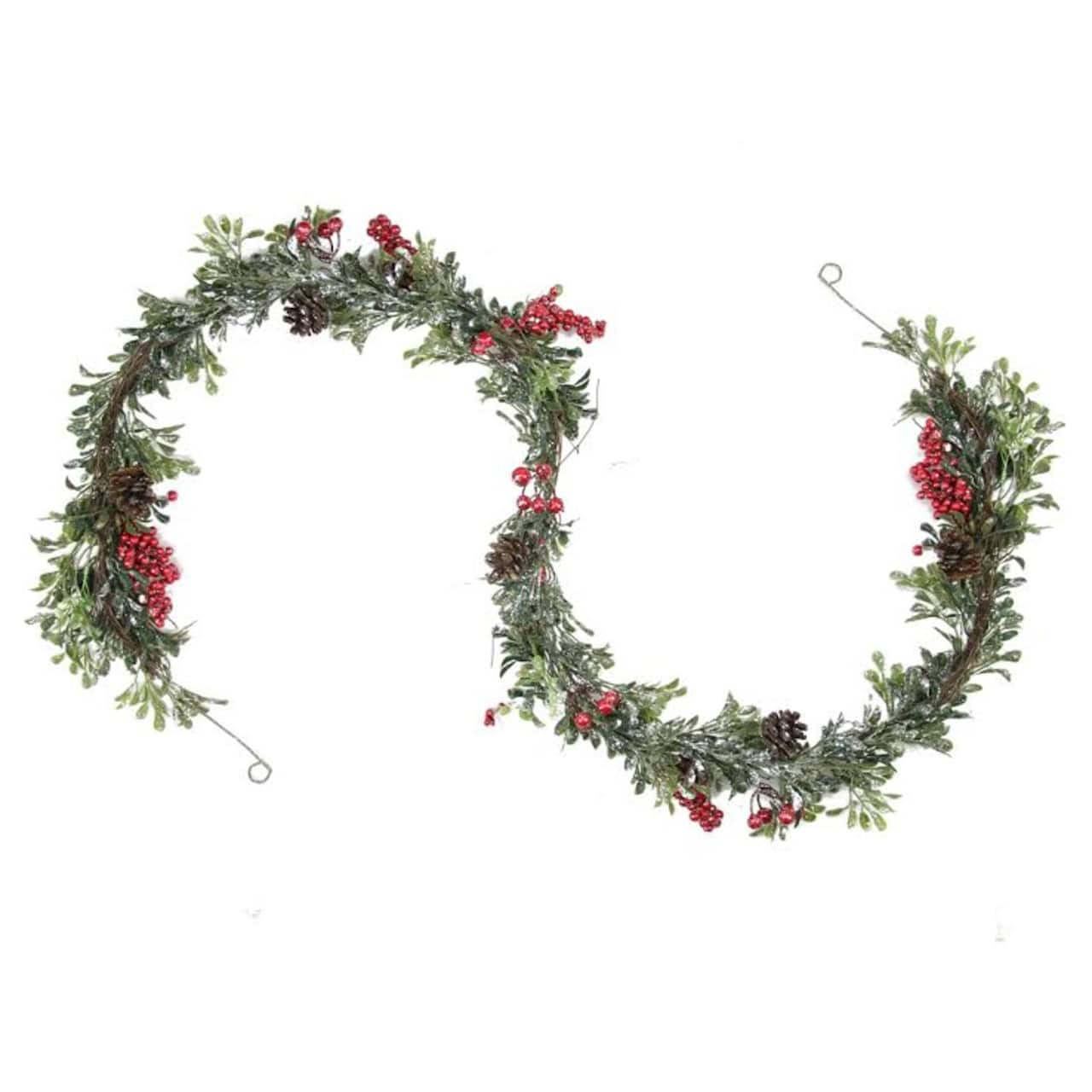 Glittered Artificial Boxwood Pine Cones & Red Berry Garland, Unlit